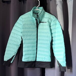 adidas Light Aqua Goose Down Puffer Jacket with Black Trim
